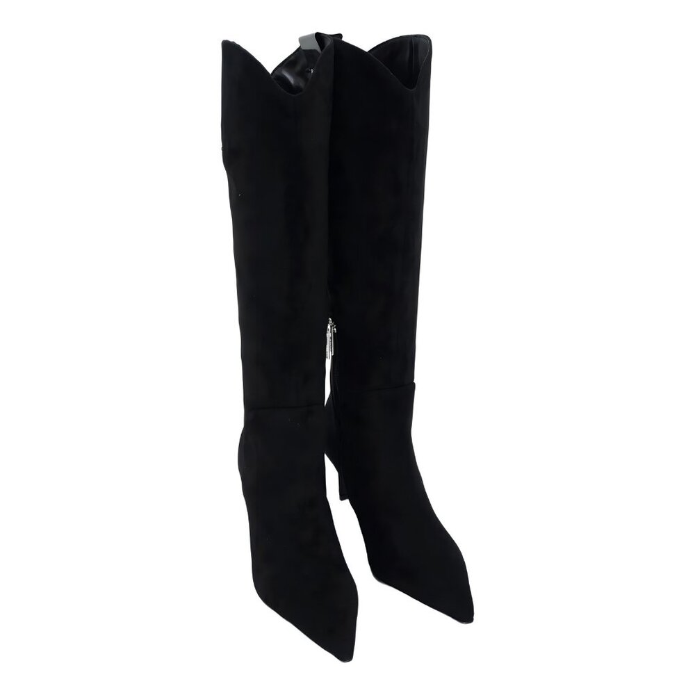 GUESS Palisa Knee-High Pointed Toe Kitten Heel Boots Black Suede 7M